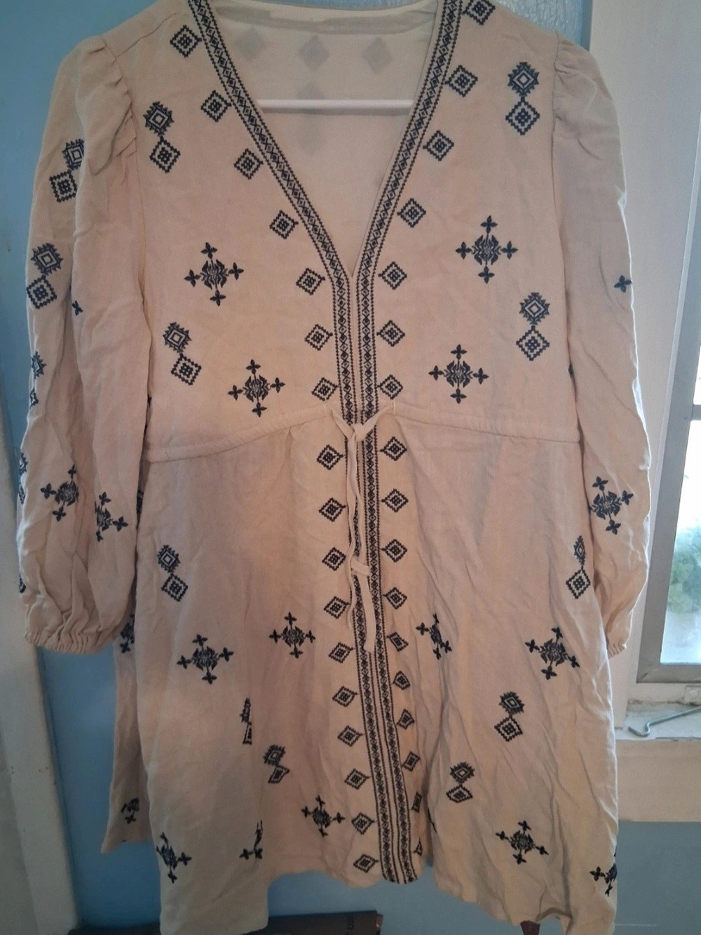 SHEIN Beige Tunic Dress with Black Embroidery